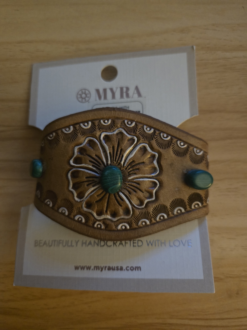 Myra Bag Tan Leather Floral Cuff Bracelet with Green Accents